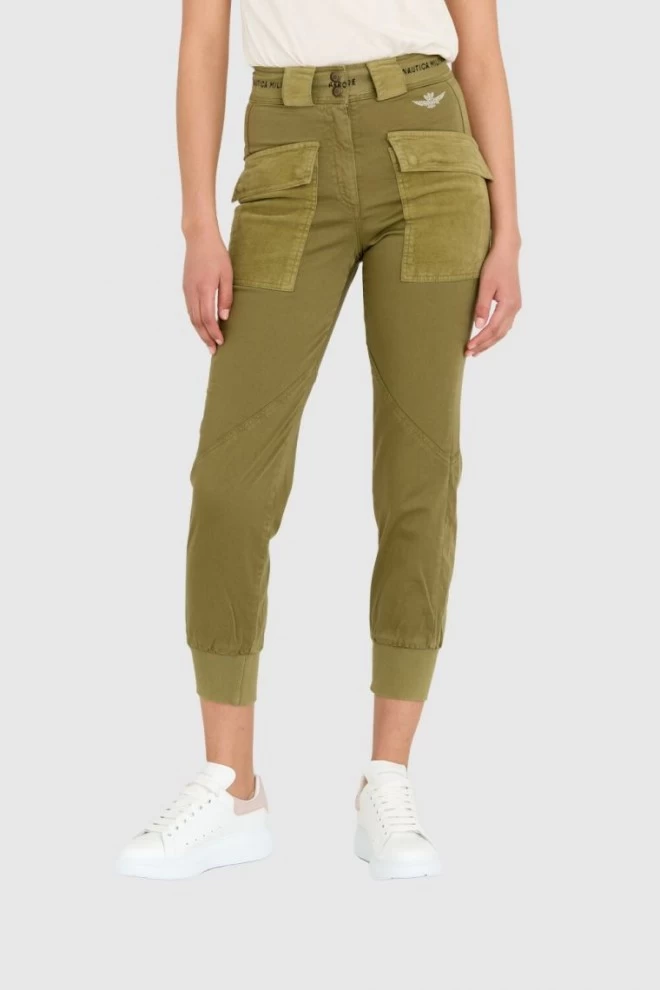 AERONAUTICA MILITARE Green women's cargo pants with drawstring waistband