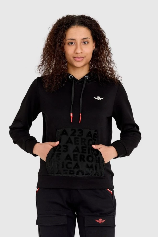 AERONAUTICA MILITARE Black women's sweatshirt with velour hood and kangaroo pocket
