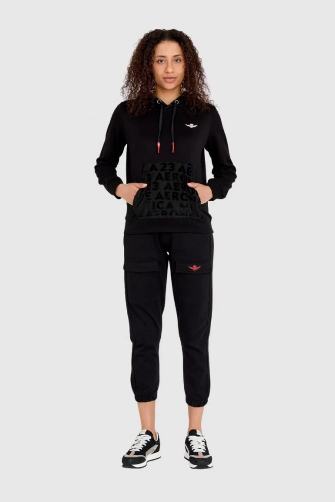 AERONAUTICA MILITARE Czarna bluza damska z welurowym kapturem i kieszenią kangurką