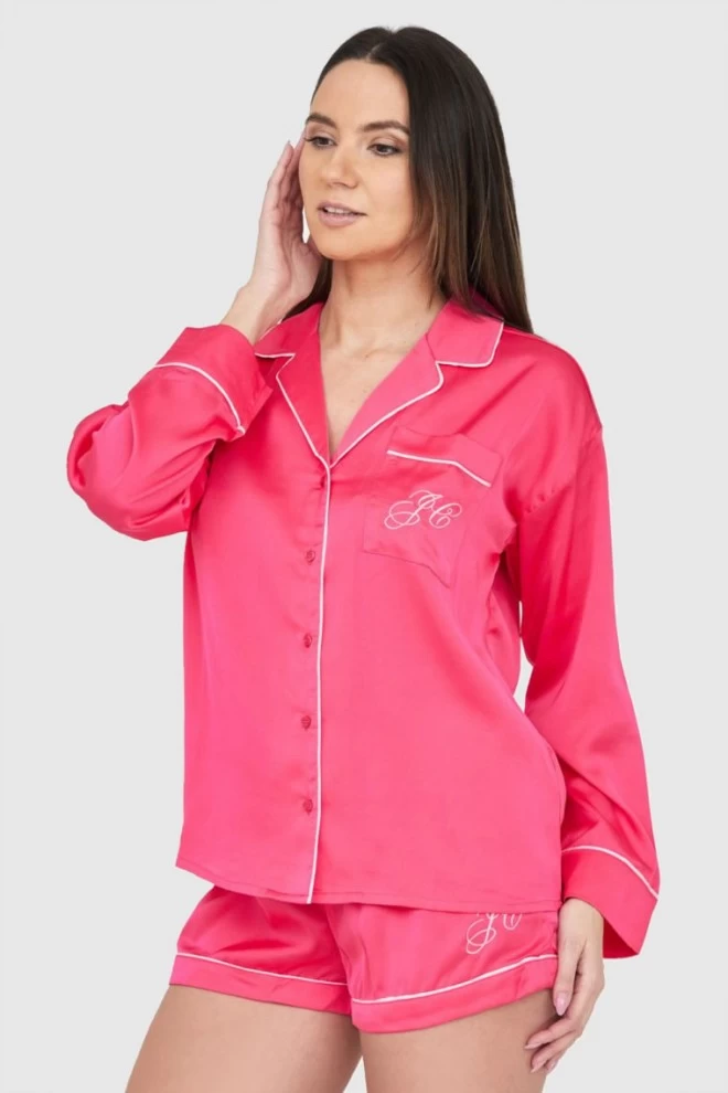 JUICY COUTURE Różowa satynowa koszula piżamowa z haftowanym logo