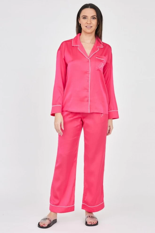 JUICY COUTURE Różowe satynowe spodnie piżamowe z haftowanym logo