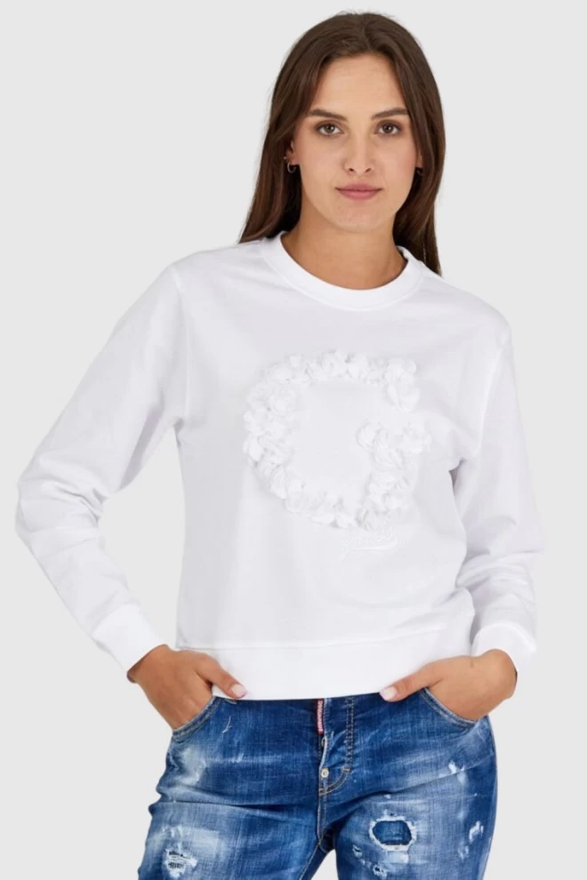 GUESS White women's sweatshirt with letter g trimmed with petals