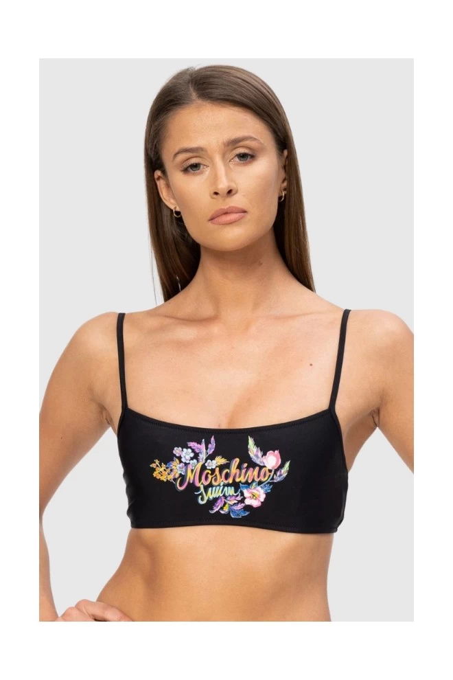 MOSCHINO Black bikini top with floral logo