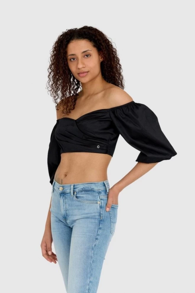 Жіноча коротка чорна блузка GUESS з пишними рукавами