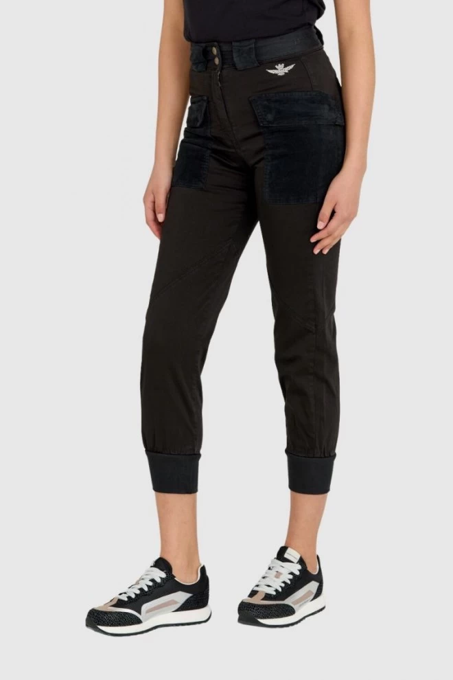 AERONAUTICA MILITARE Black women's cargo pants with drawstring waistband