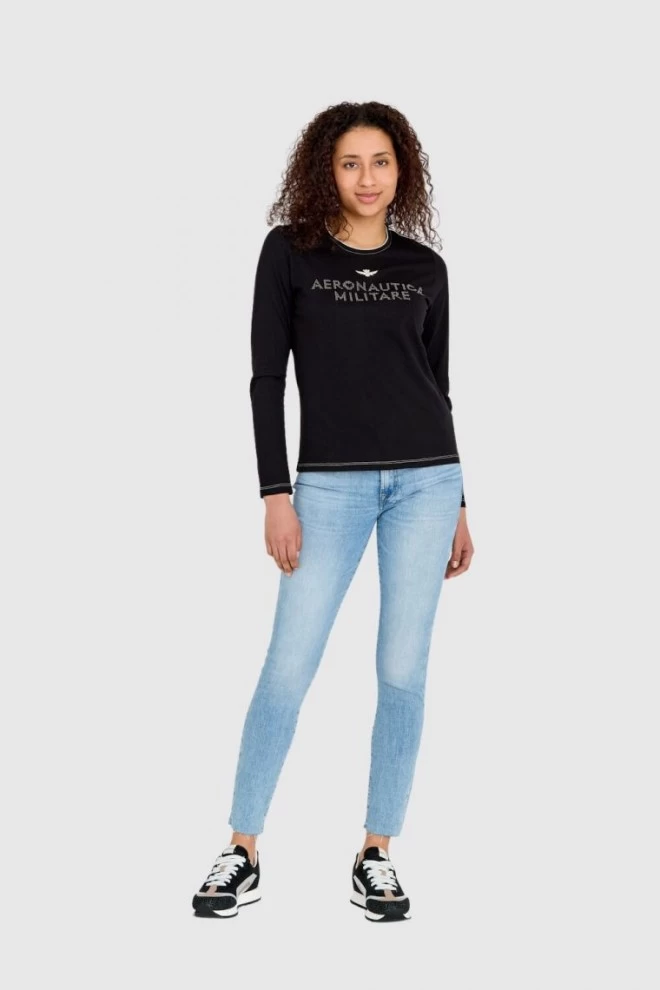AERONAUTICA MILITARE Longsleeve damski czarny z logo wykonanym z dżetów