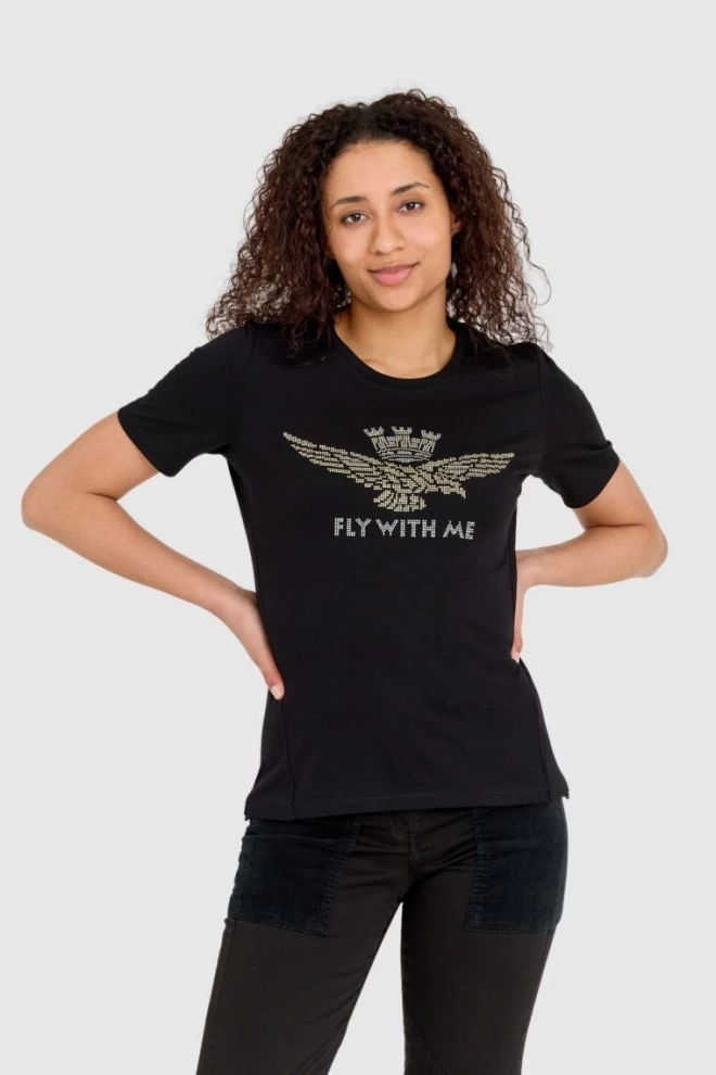 AERONAUTICA MILITARE Czarny t-shirt damski z orłem wykonanym z dżetów