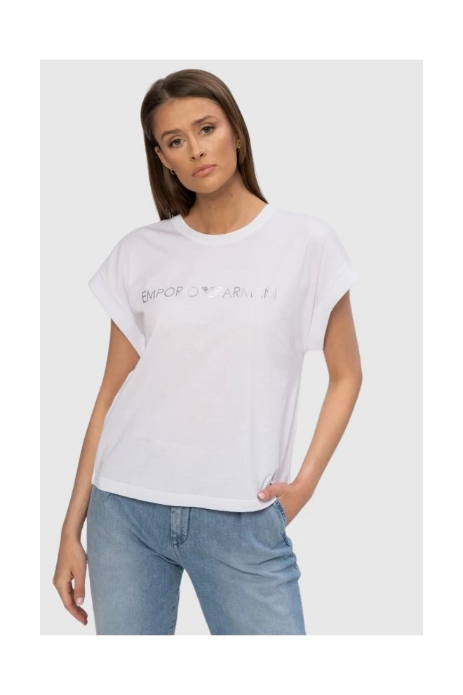 EMPORIO ARMANI Biały t-shirt ze srebrnym logo