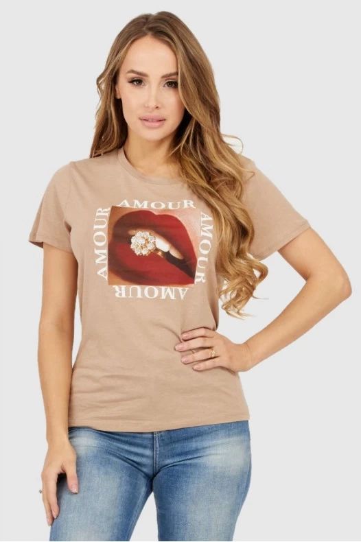 GUESS Beżowy t-shirt damski...