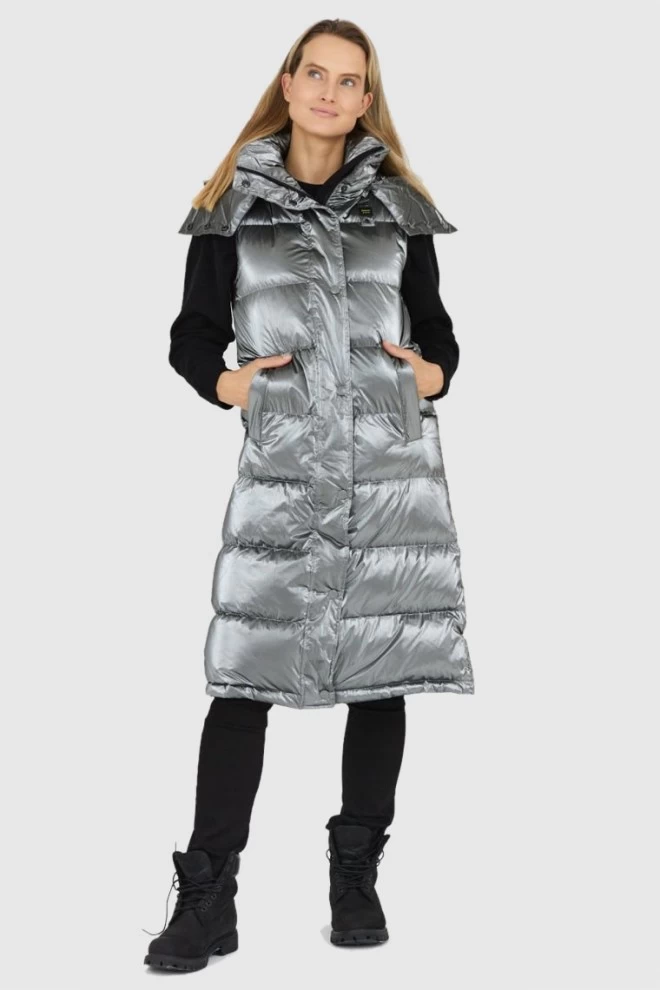BLAUER Довгий сріблястий пуховик без рукавів Erika