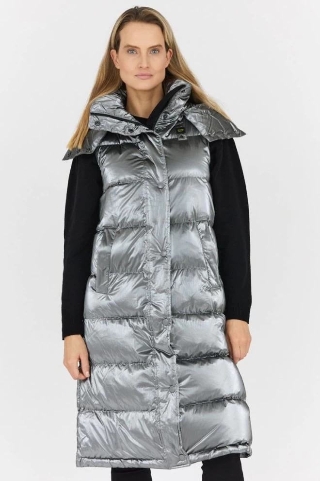 BLAUER Długi srebrny bezrękawnik puchowy Erika