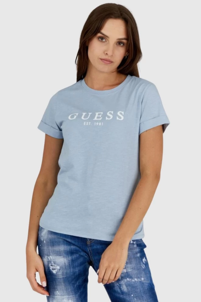 GUESS Błękitny t-shirt damski z białym logo
