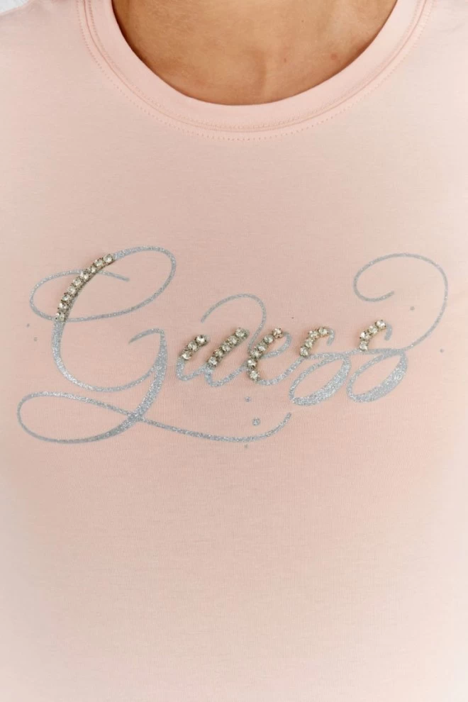 GUESS Women's peach t-shirt with glitter logo
