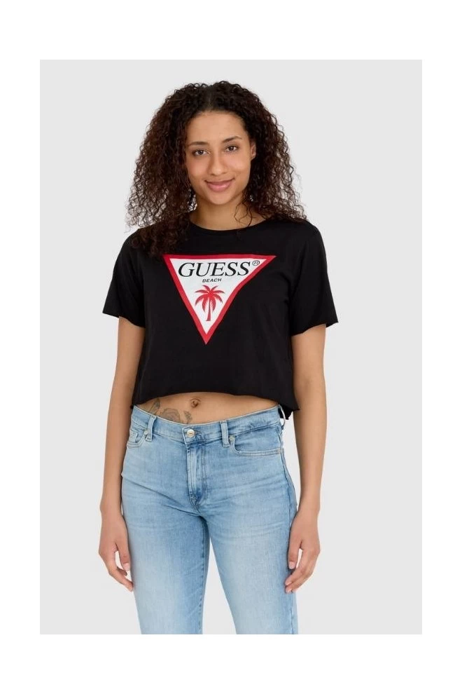 GUESS Black women's short t-shirt with raw boxy fit trim