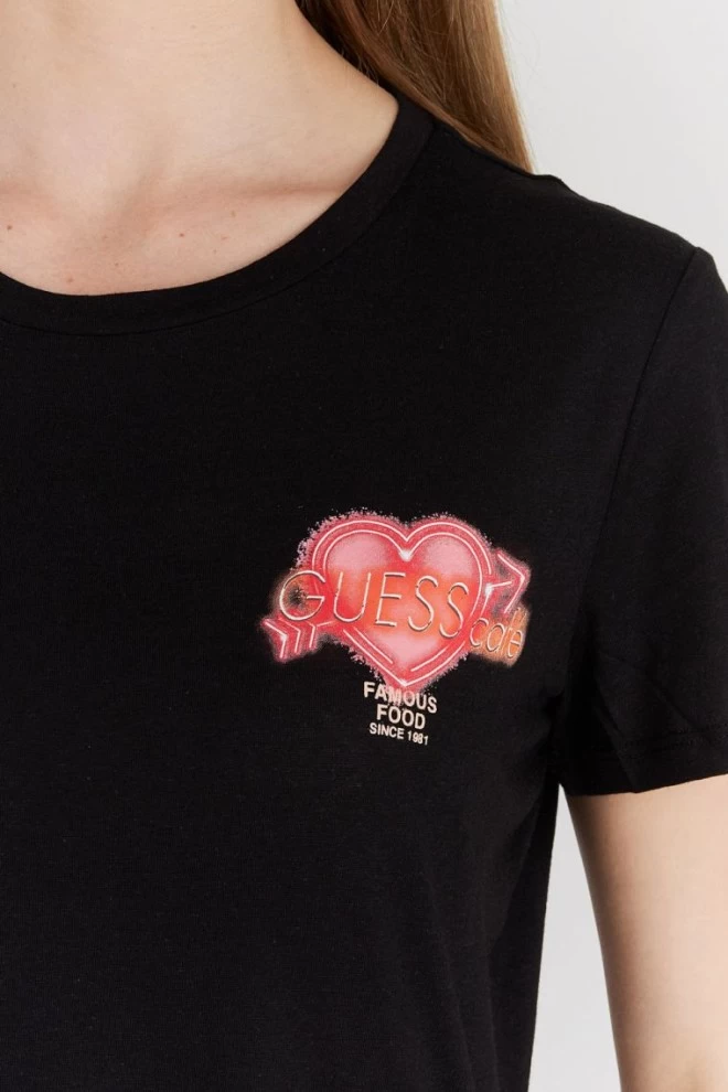 GUESS Czarny t-shirt damski z kolorowym printem