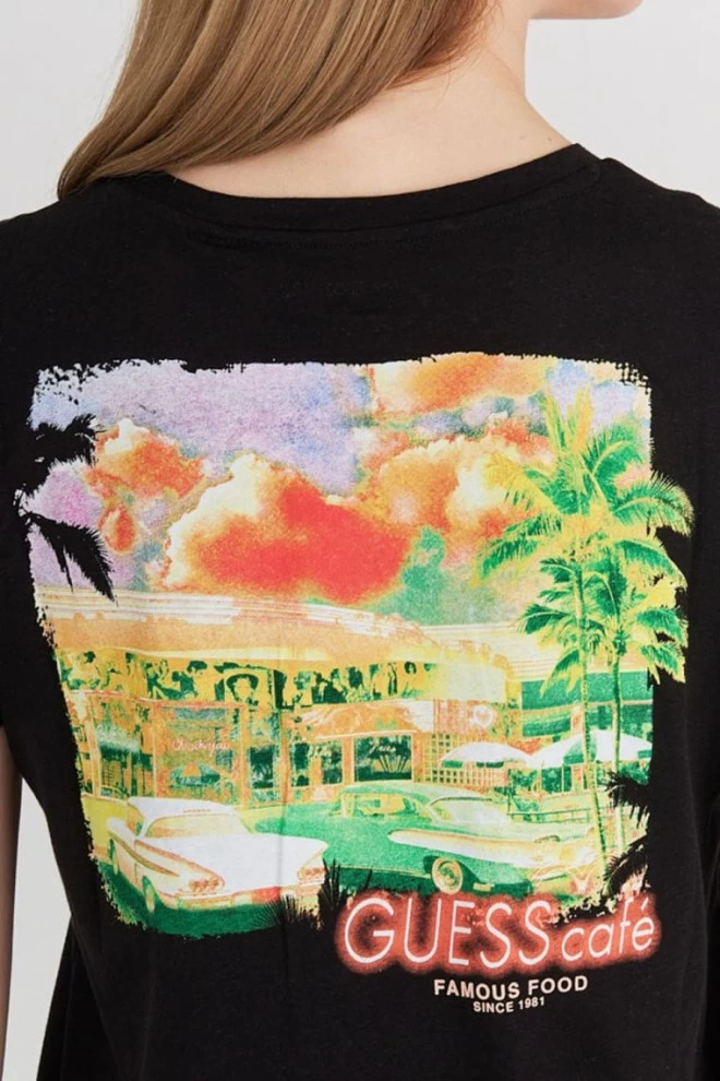 GUESS Czarny t-shirt damski z kolorowym printem