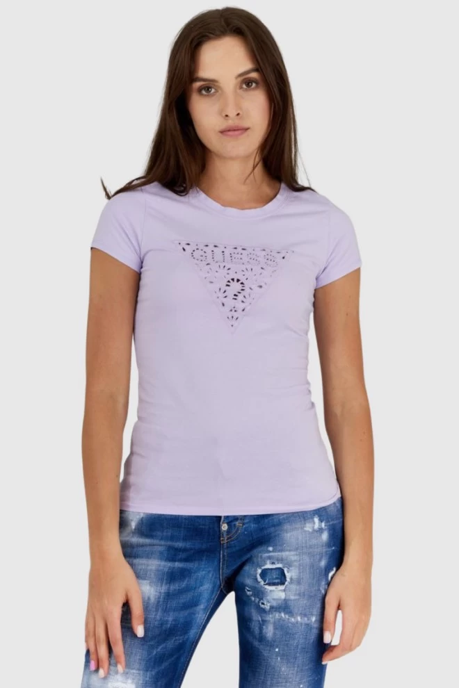 GUESS Fioletowy t-shirt damski z ażurowym logo