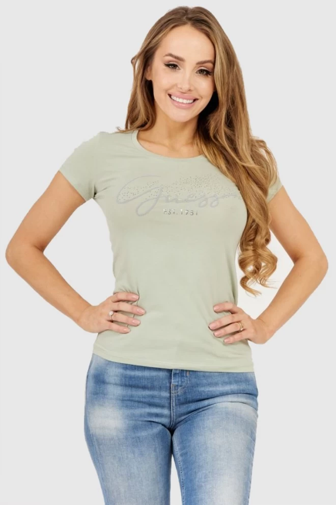 GUESS Light green women's t-shirt with logo and crystals