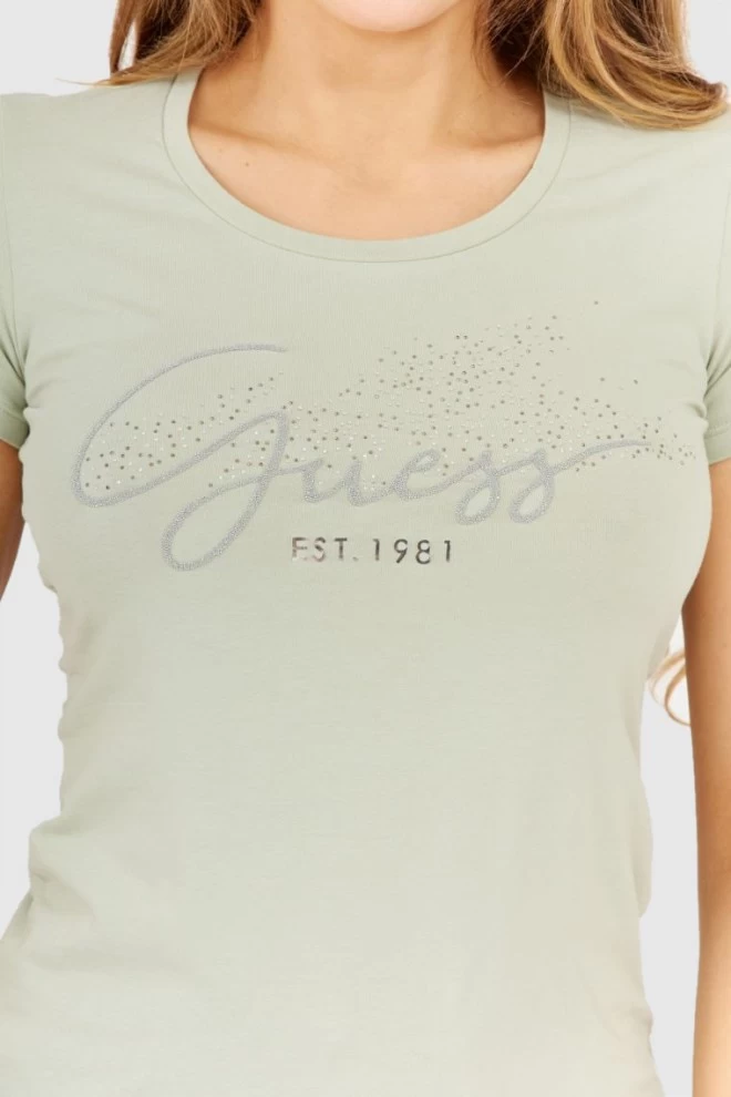 GUESS Jasnozielony t-shirt damski z logo i kryształkami