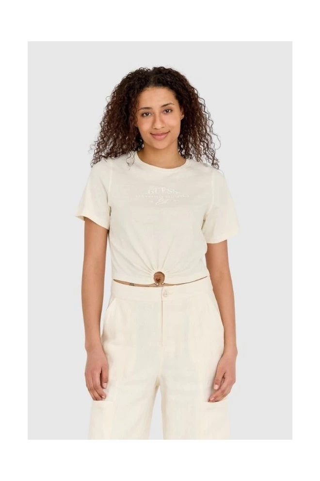 GUESS Cream women's cropped fit piercing t-shirt