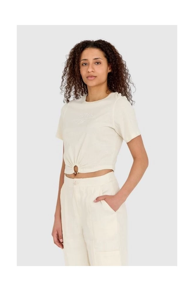 GUESS Cream women's cropped fit piercing t-shirt