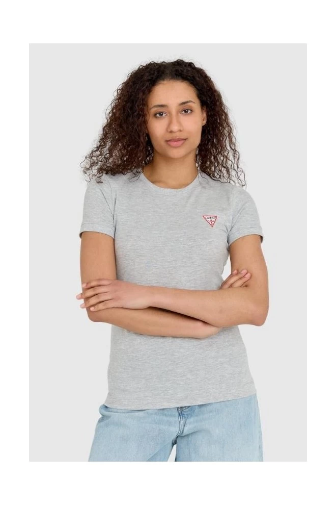 GUESS Szary t-shirt damski slim fit z małym logo