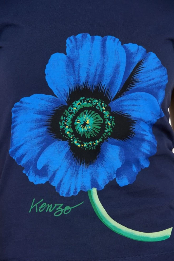 KENZO Granatowy t-shirt damski z niebieskim makiem