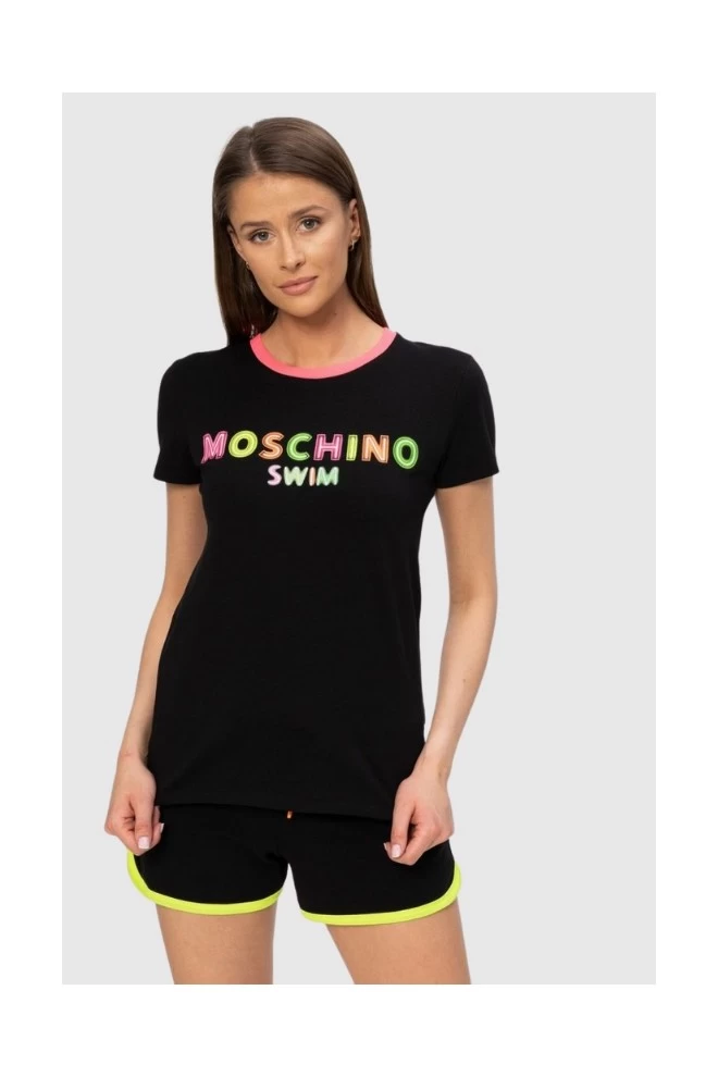 MOSCHINO Czarny t-shirt  z neonowym logo