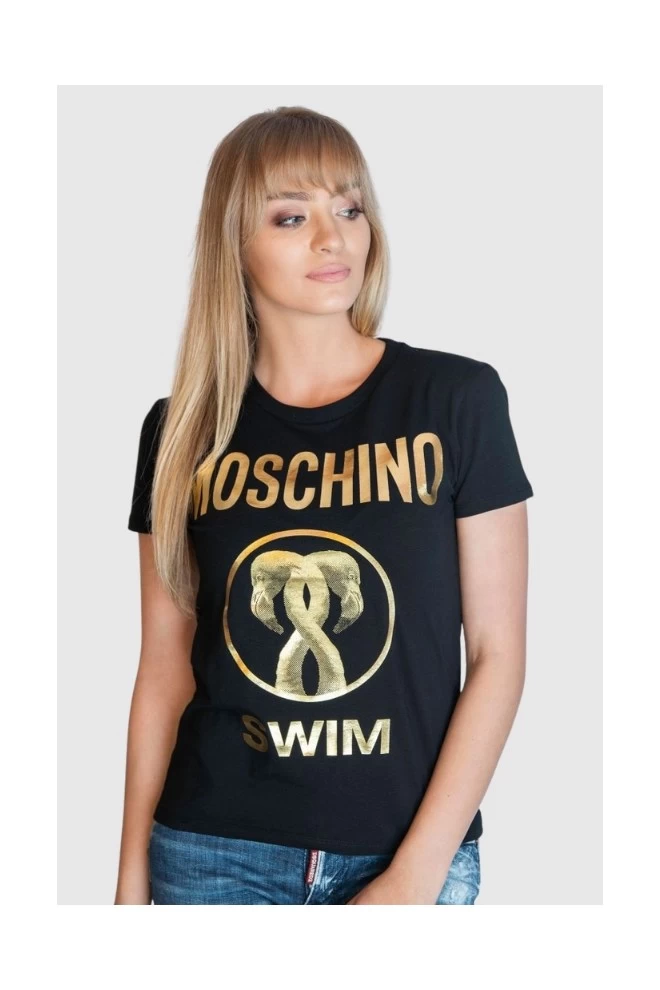 MOSCHINO Жіноча футболка SWIM чорне золото великий логотип