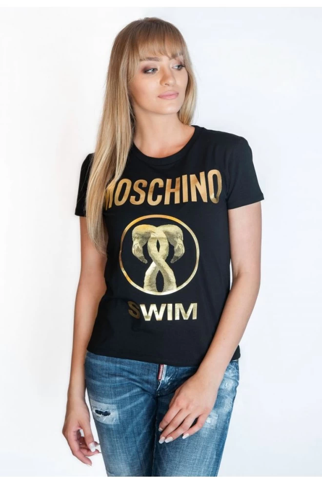 MOSCHINO SWIM T-shirt damski czarny złote duże logo