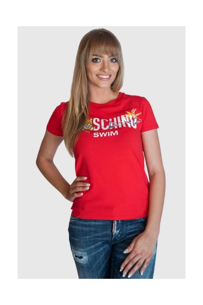 MOSCHINO T-shirt damski czerwony z nadrukiem logo i misia