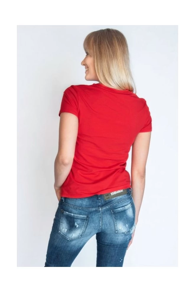 MOSCHINO T-shirt damski czerwony z nadrukiem logo i misia