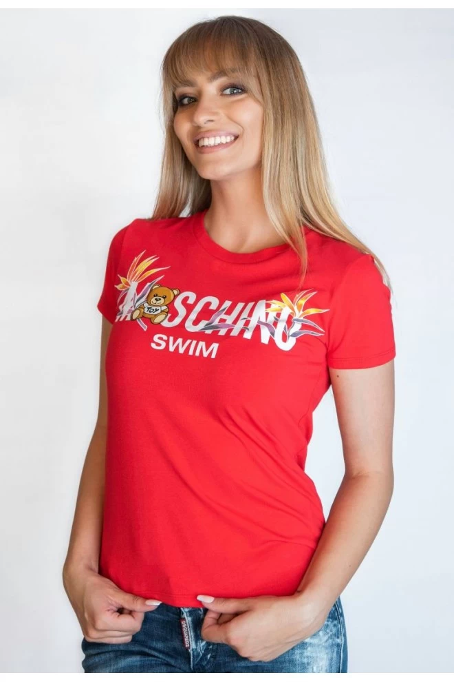 MOSCHINO T-shirt damski czerwony z nadrukiem logo i misia