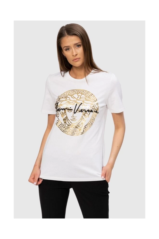 VERSACE Biały t-shirt damski ze złotą meduzą