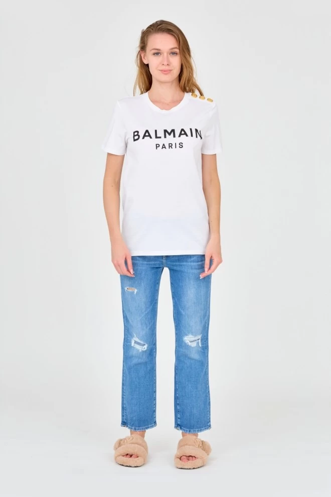 BALMAIN White women's t-shirt with buttons