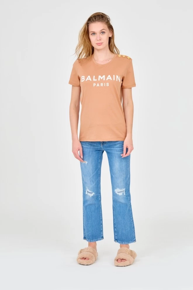 BALMAIN Brązowy damski t-shirt z guzikami