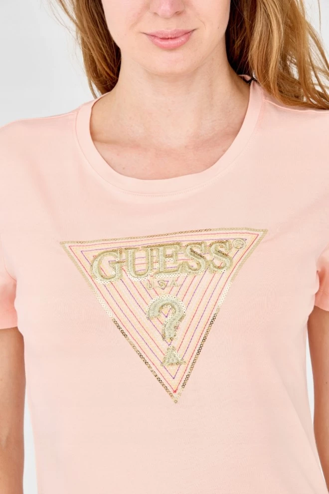 GUESS Damski t-shirt z dużym zdobionym logo
