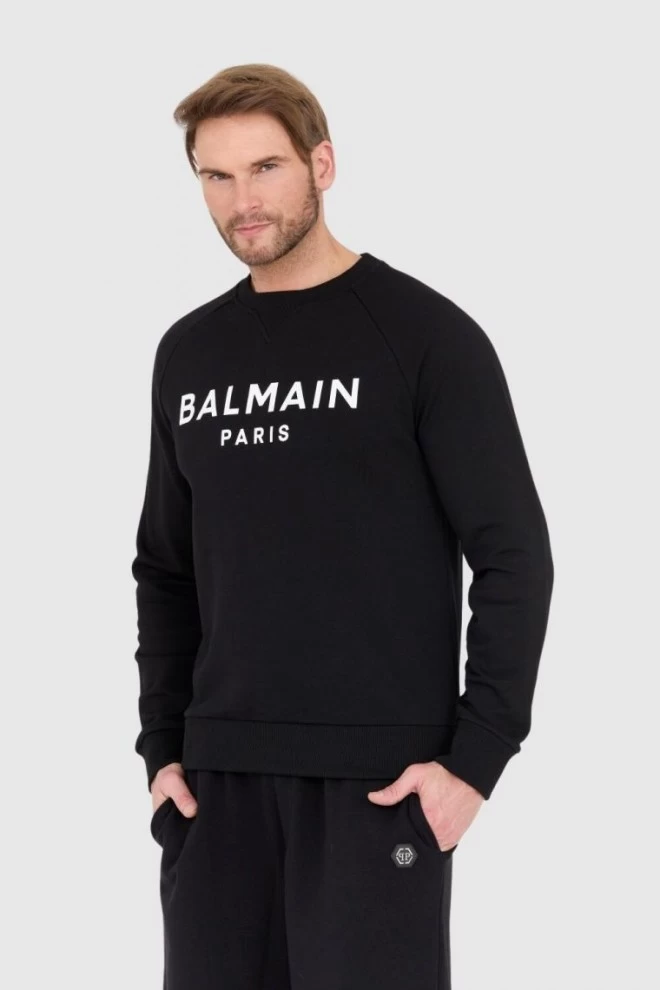 BALMAIN Black men's sweatshirt with large white logo