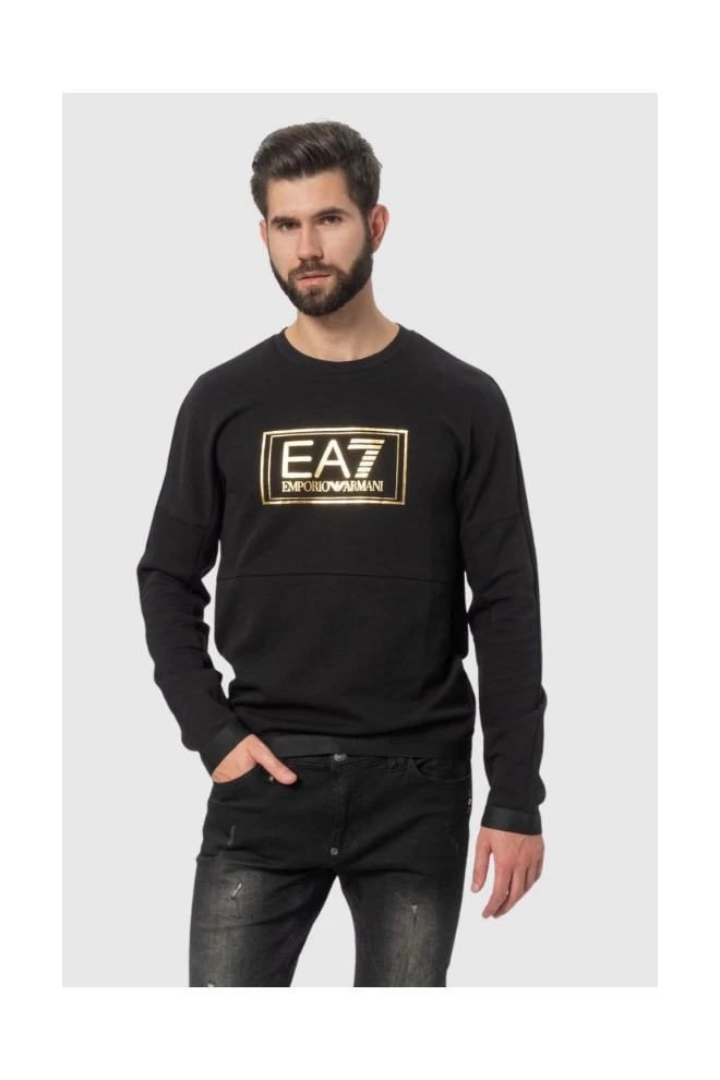 EA7 Black men's sweatshirt with large gold logo