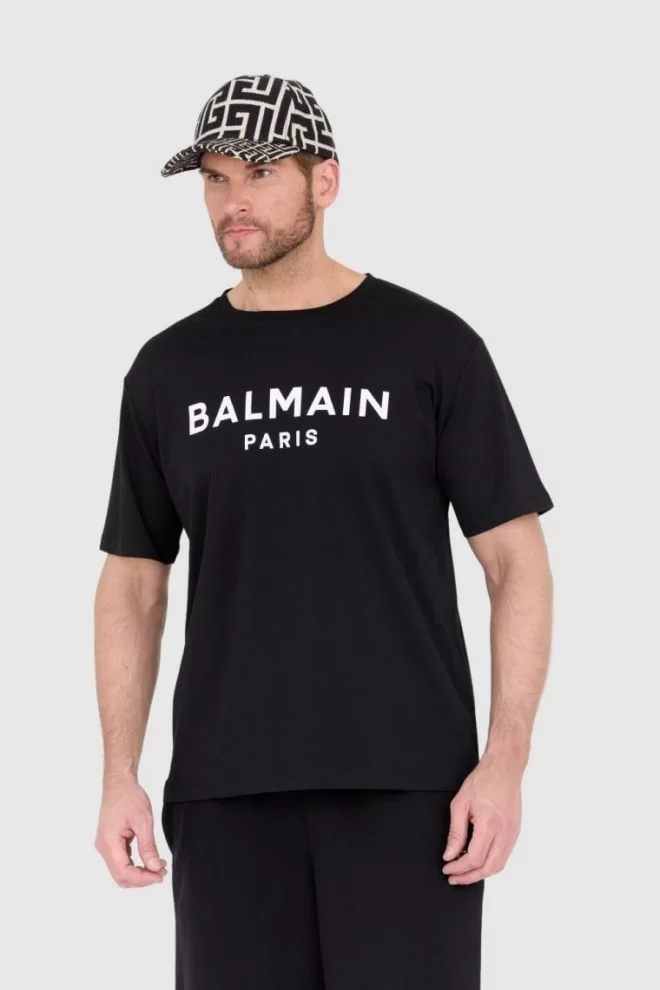 BALMAIN Black men's t-shirt with printed white logo