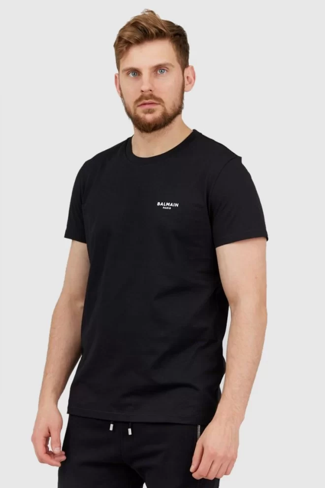 BALMAIN Czarny t-shirt męski z małym aksamitnym logo
