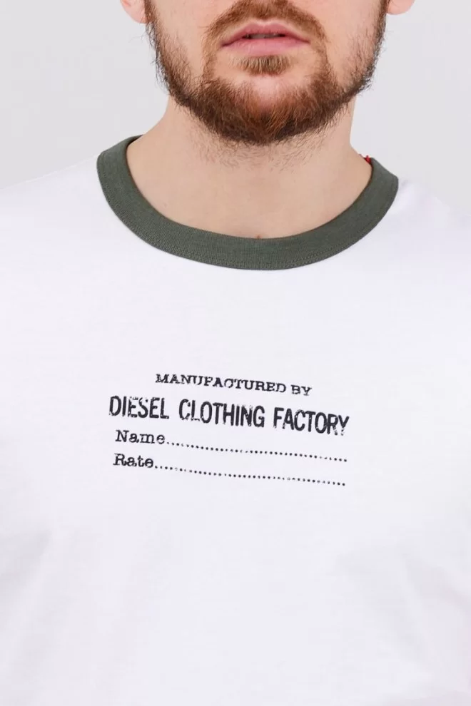 DIESEL Biały t-shirt męski z lamówką w kolorze khaki