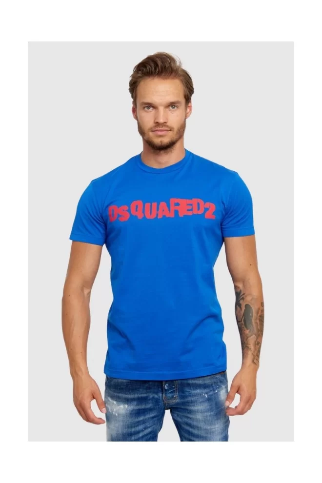 DSQUARED2 Niebieski t-shirt męski z czerwonym logo