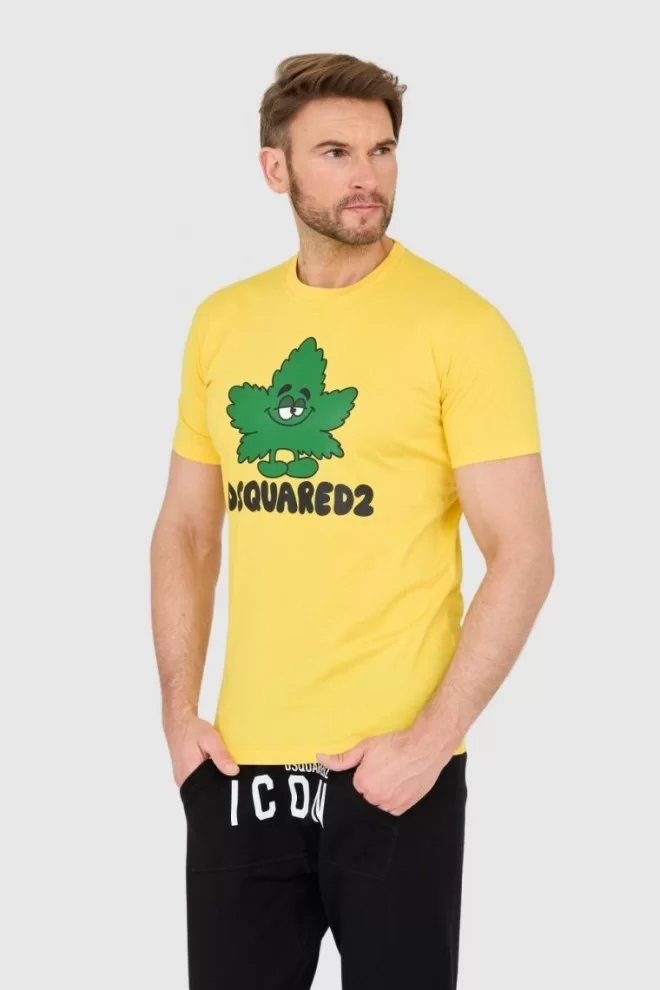 DSQUARED2 Yellow t-shirt with logo and green leaf