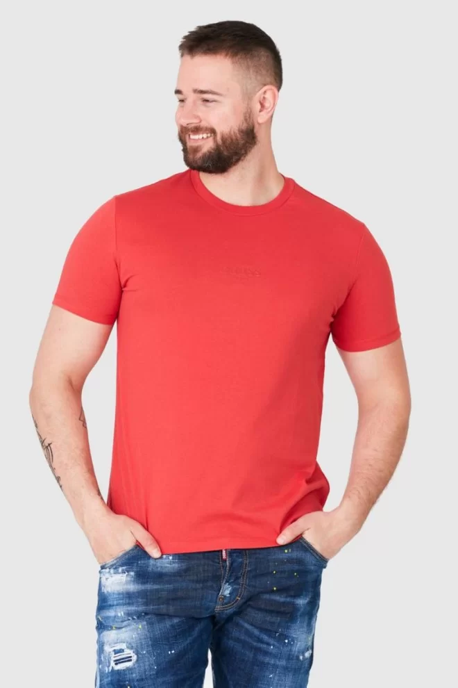 GUESS Czerwony t-shirt męski z aplikacją z logo
