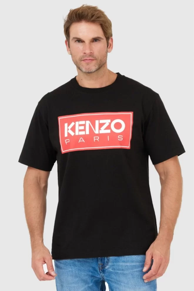 KENZO Czarny t-shirt męski z czerwonym nadrukiem
