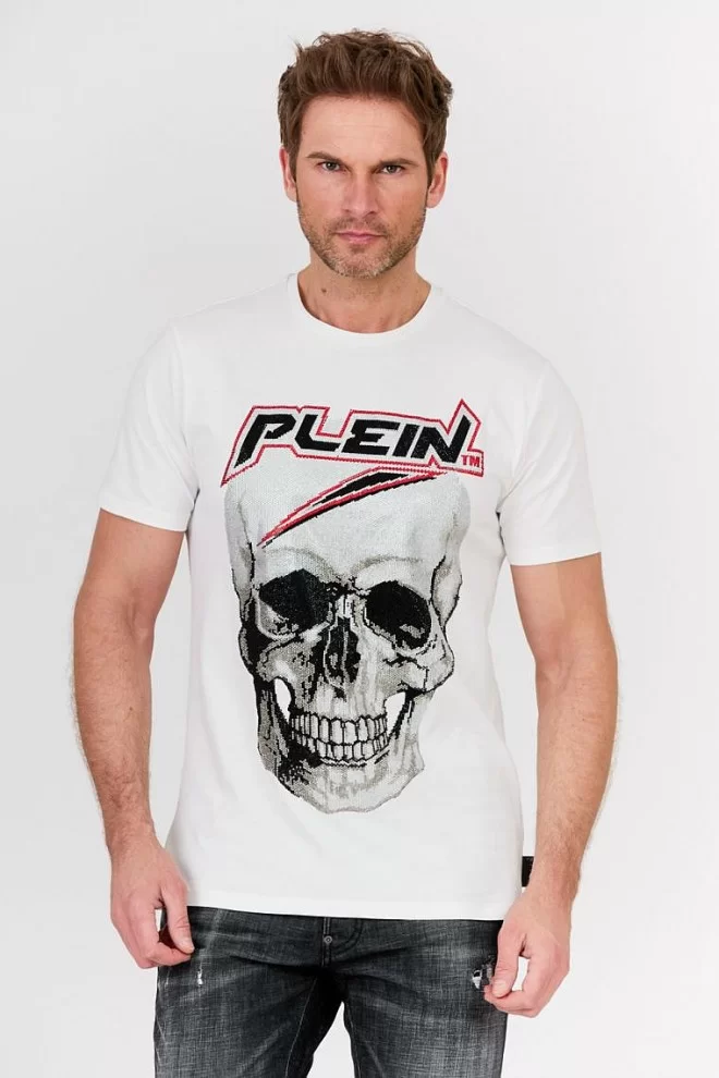 PHILIPP PLEIN White men's Platinum cut round neck space plein t-shirt