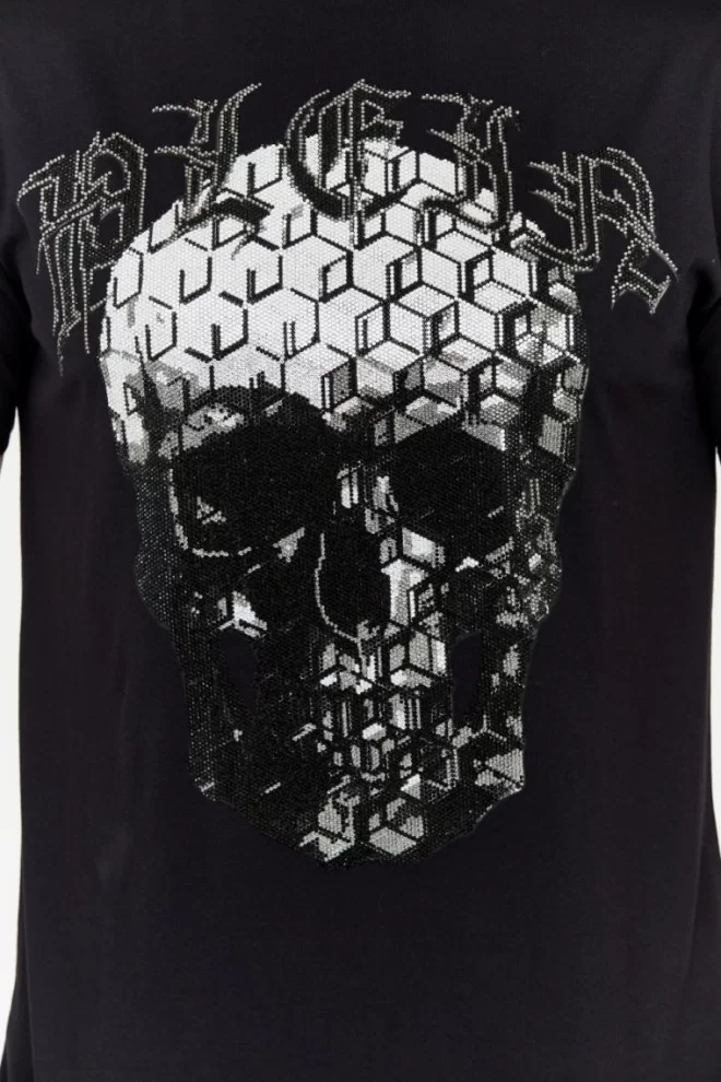 PHILIPP PLEIN Czarny t-shirt zdobiony dżetami z czaszką i logo