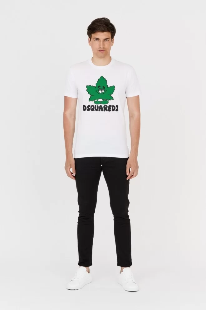 DSQUARED2 Biały t-shirt z zielonym liściem