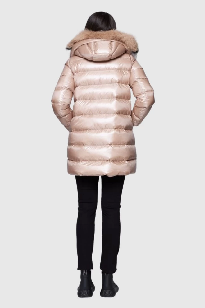 HETREGO Beżowa długa kurtka puchowa Hygiea z lisem